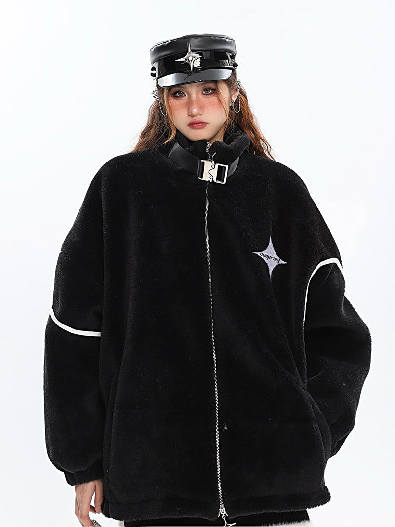 Twinkle Star Solid Color Fleece Zip Up Long Sleeve Turtleneck Jacket