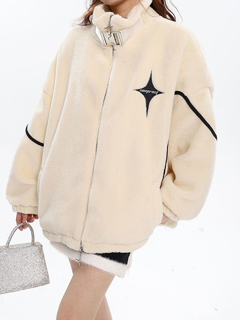 Twinkle Star Solid Color Fleece Zip Up Long Sleeve Turtleneck Jacket