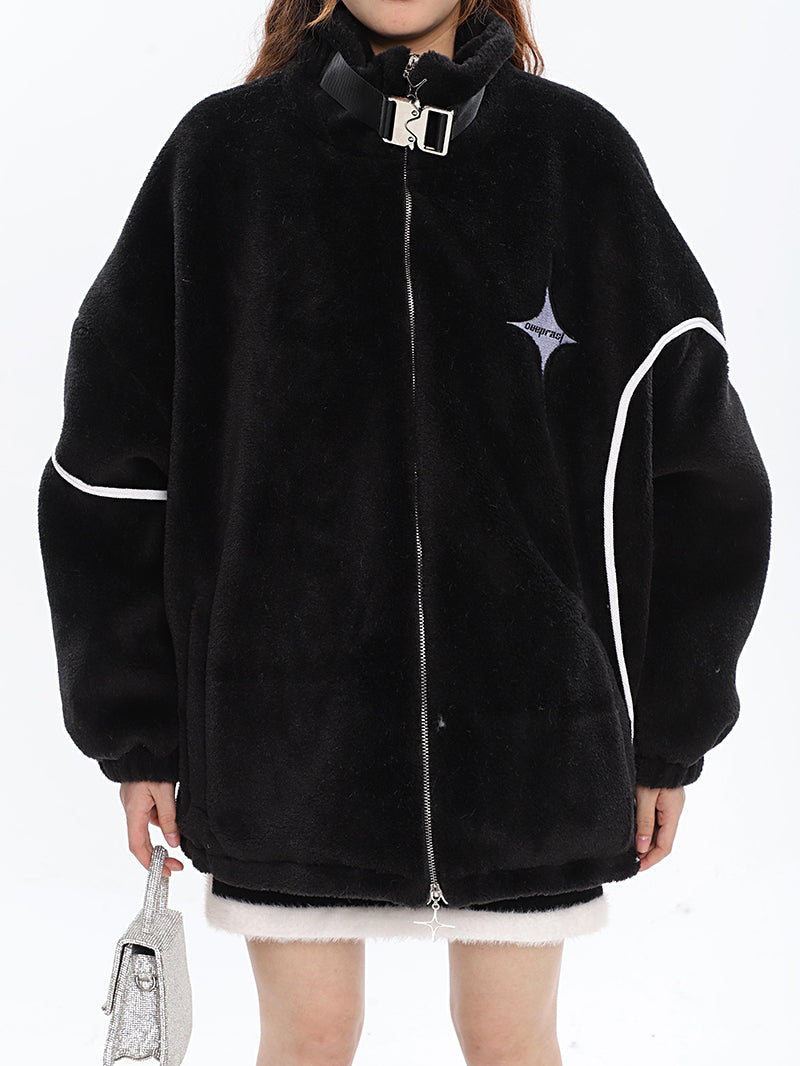 Twinkle Star Solid Color Fleece Zip Up Long Sleeve Turtleneck Jacket