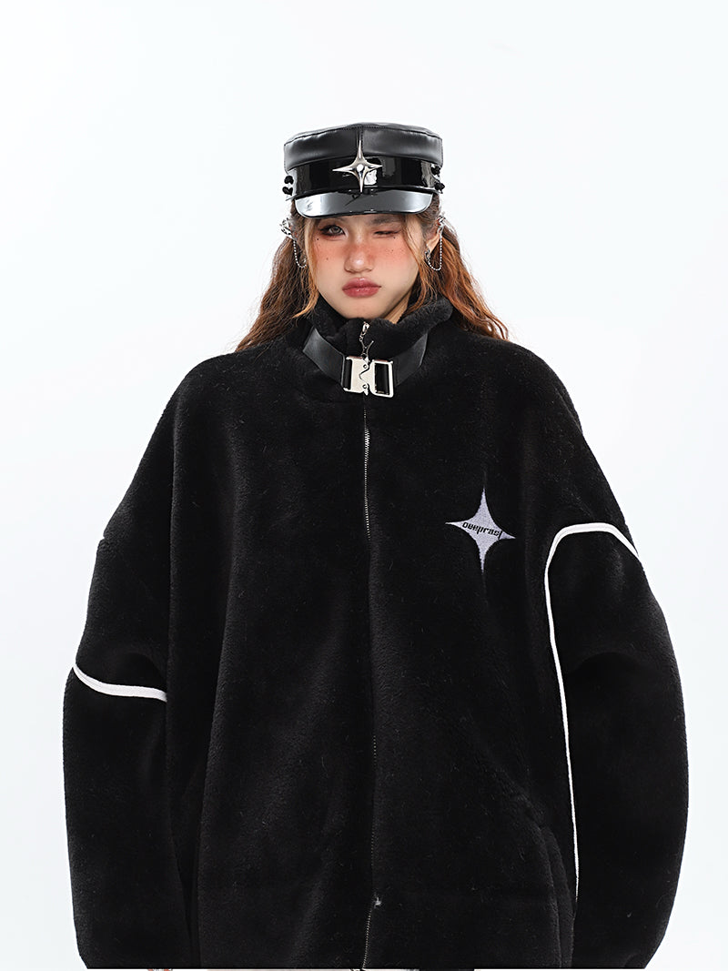 Twinkle Star Solid Color Fleece Zip Up Long Sleeve Turtleneck Jacket