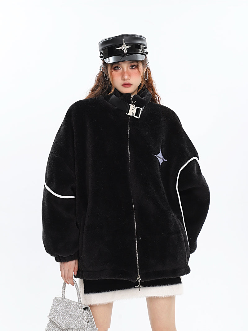 Twinkle Star Solid Color Fleece Zip Up Long Sleeve Turtleneck Jacket