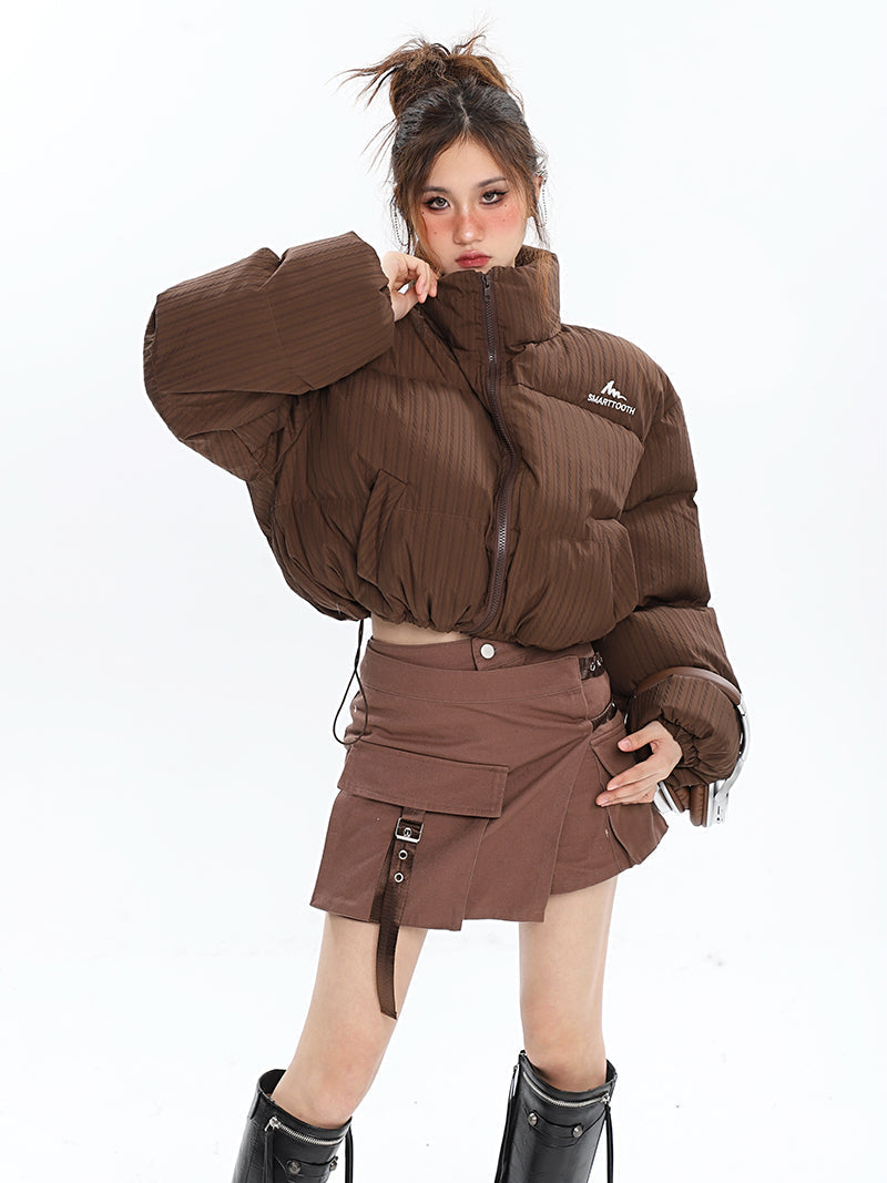 SMARTTOOTH Dark Brown Stripe Zip Up Turtleneck Puffer Long Sleeve Cropped Jacket