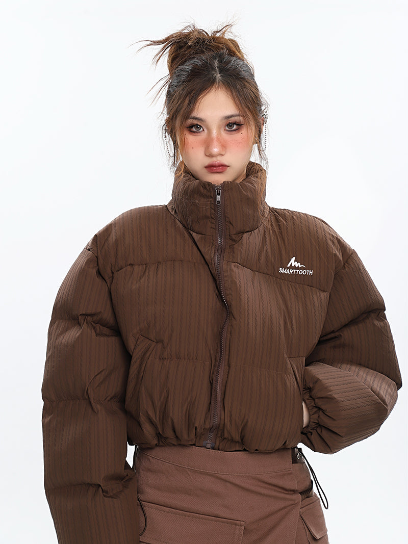 SMARTTOOTH Dark Brown Stripe Zip Up Turtleneck Puffer Long Sleeve Cropped Jacket