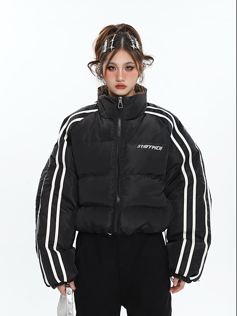 STAFFPICH Stripe Sleeve Turtleneck Long Sleeve Zip Up Puffer Jacket