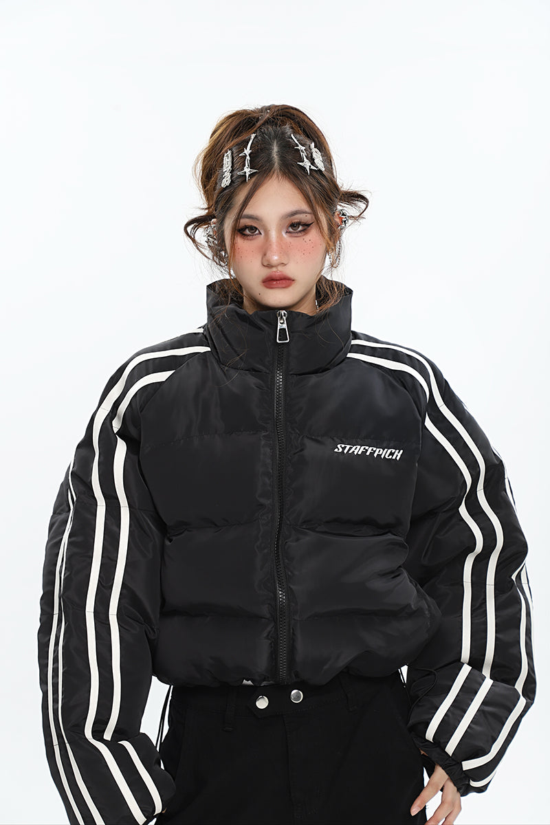 STAFFPICH Stripe Sleeve Turtleneck Long Sleeve Zip Up Puffer Jacket