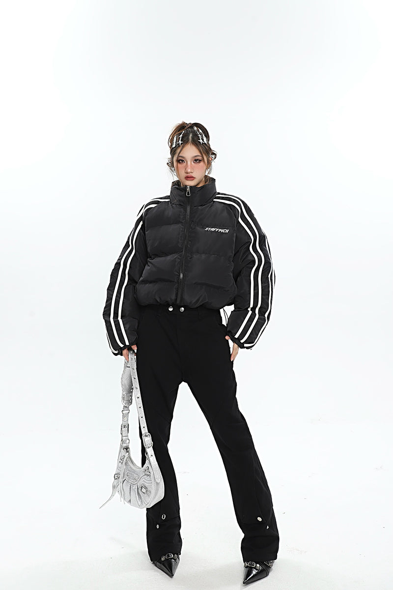 STAFFPICH Stripe Sleeve Turtleneck Long Sleeve Zip Up Puffer Jacket