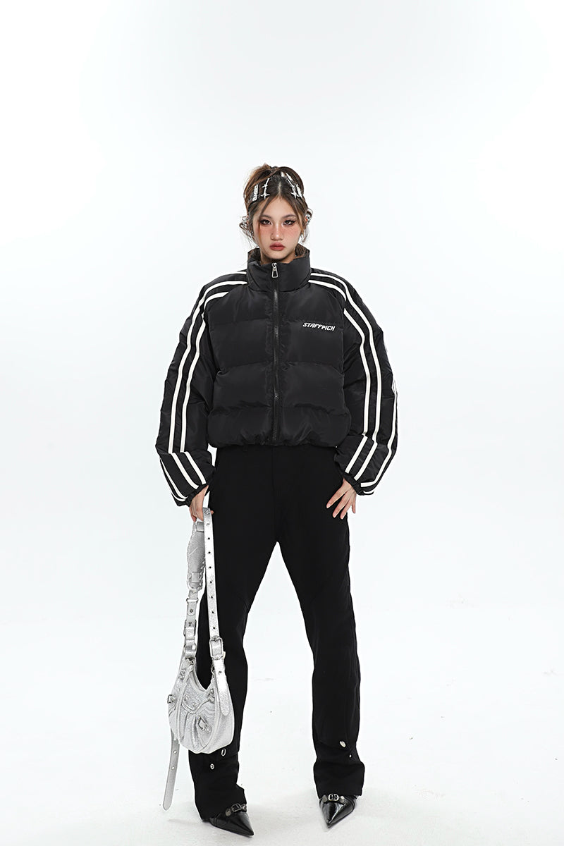 STAFFPICH Stripe Sleeve Turtleneck Long Sleeve Zip Up Puffer Jacket