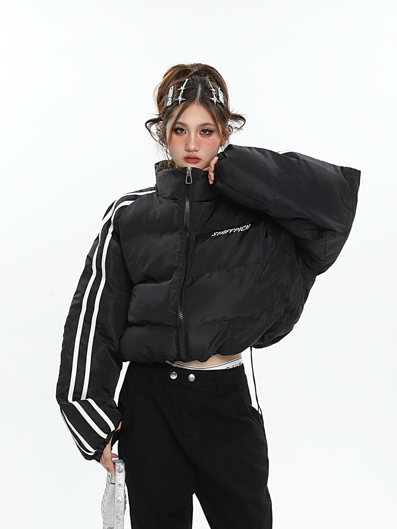 STAFFPICH Stripe Sleeve Turtleneck Long Sleeve Zip Up Puffer Jacket