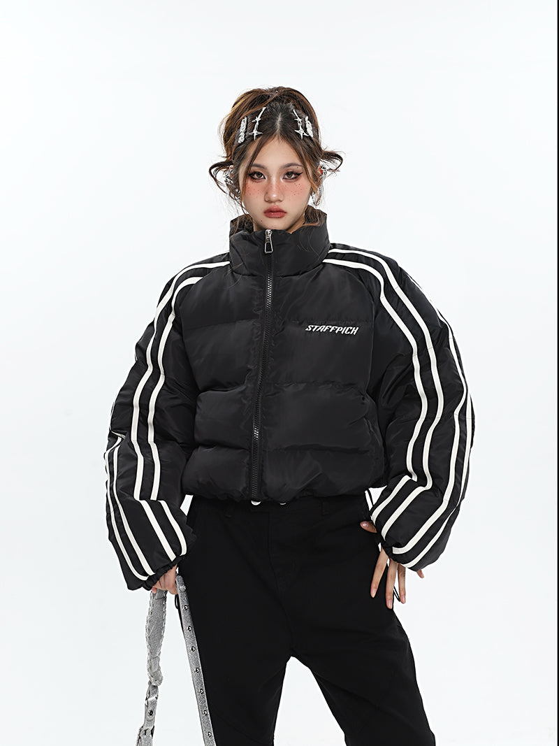 STAFFPICH Stripe Sleeve Turtleneck Long Sleeve Zip Up Puffer Jacket