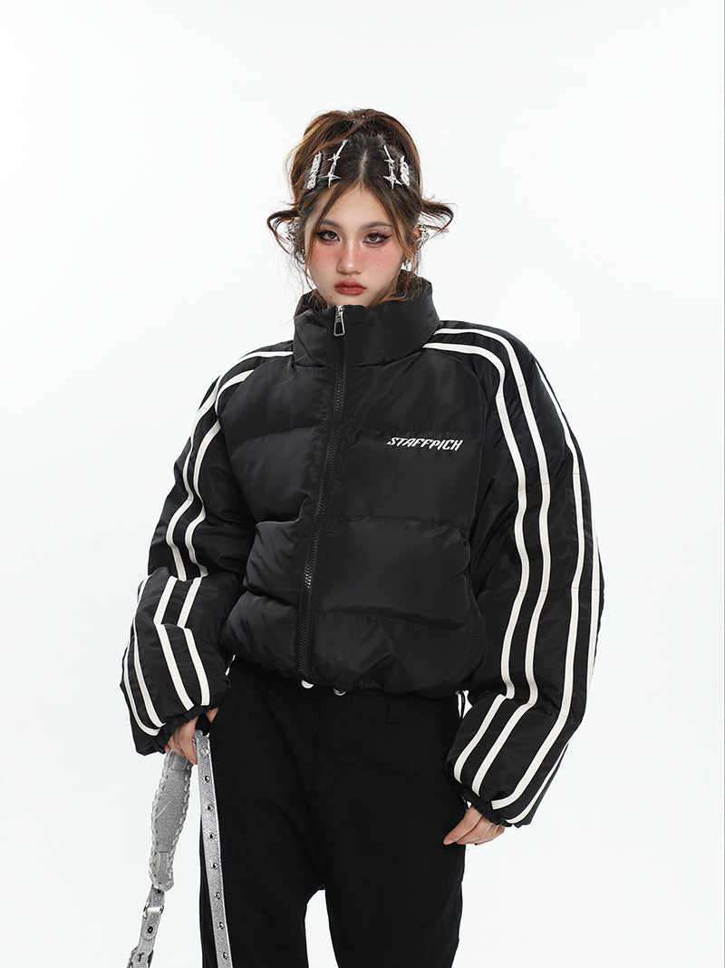 STAFFPICH Stripe Sleeve Turtleneck Long Sleeve Zip Up Puffer Jacket