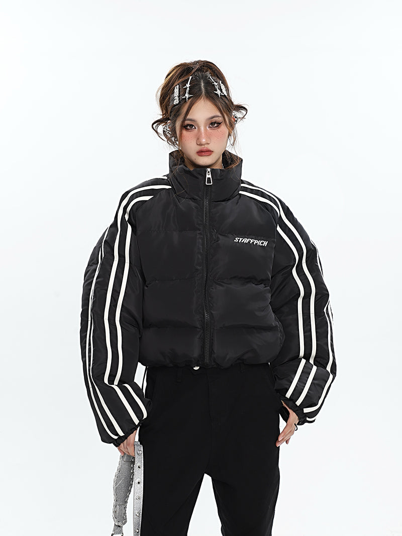 STAFFPICH Stripe Sleeve Turtleneck Long Sleeve Zip Up Puffer Jacket