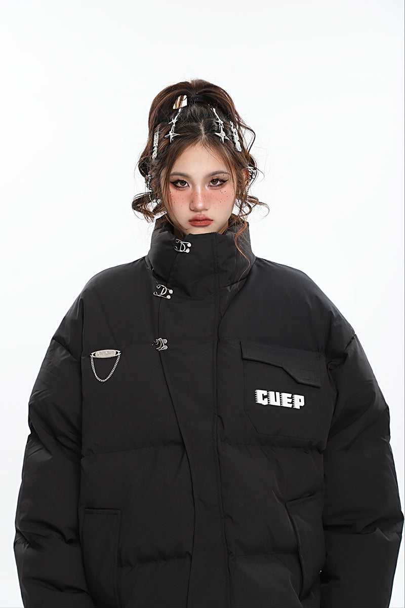 GUEP Solid Color Pin Zip Up Long Sleeve Puffer Jacket