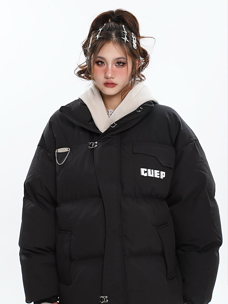 GUEP Solid Color Pin Zip Up Long Sleeve Puffer Jacket