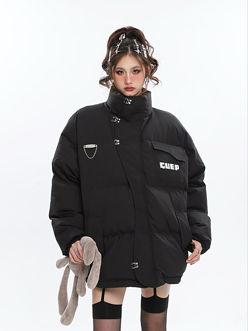 GUEP Solid Color Pin Zip Up Long Sleeve Puffer Jacket