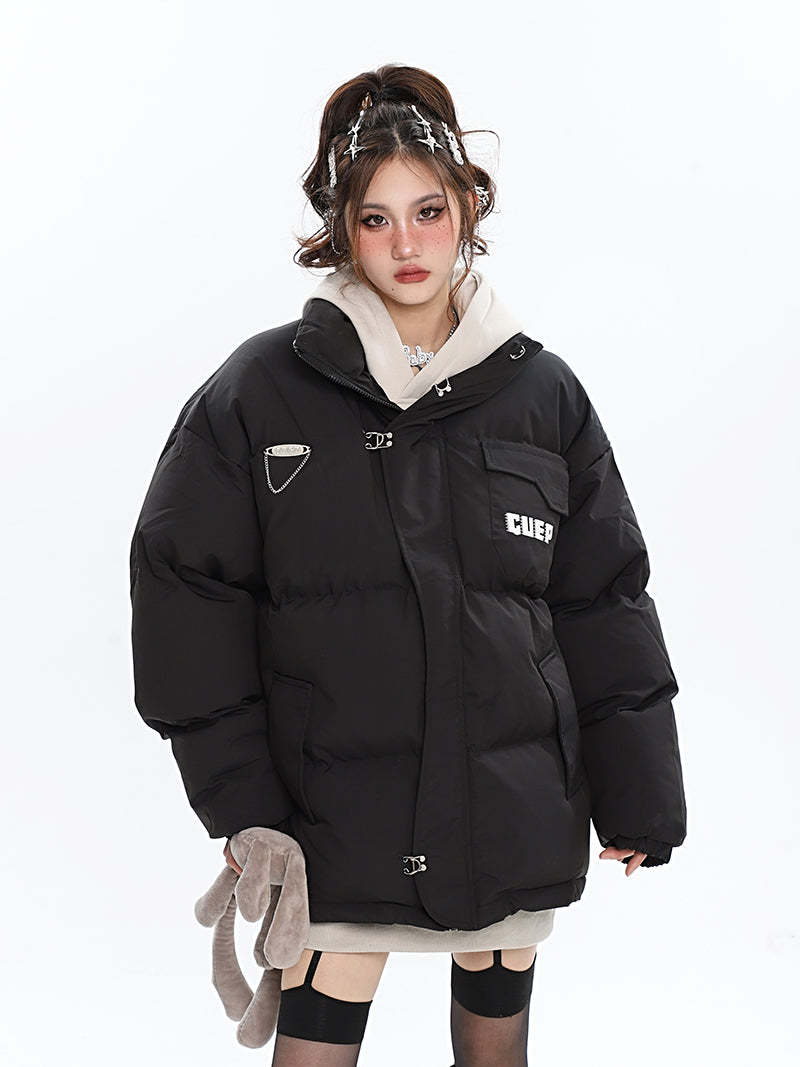 GUEP Solid Color Pin Zip Up Long Sleeve Puffer Jacket