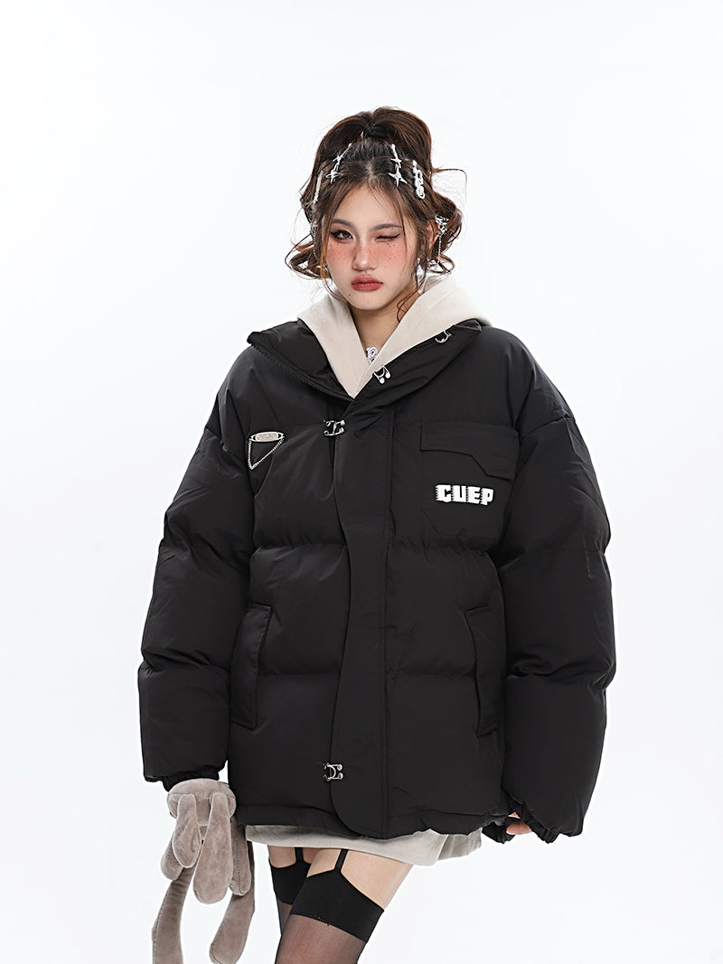 GUEP Solid Color Pin Zip Up Long Sleeve Puffer Jacket