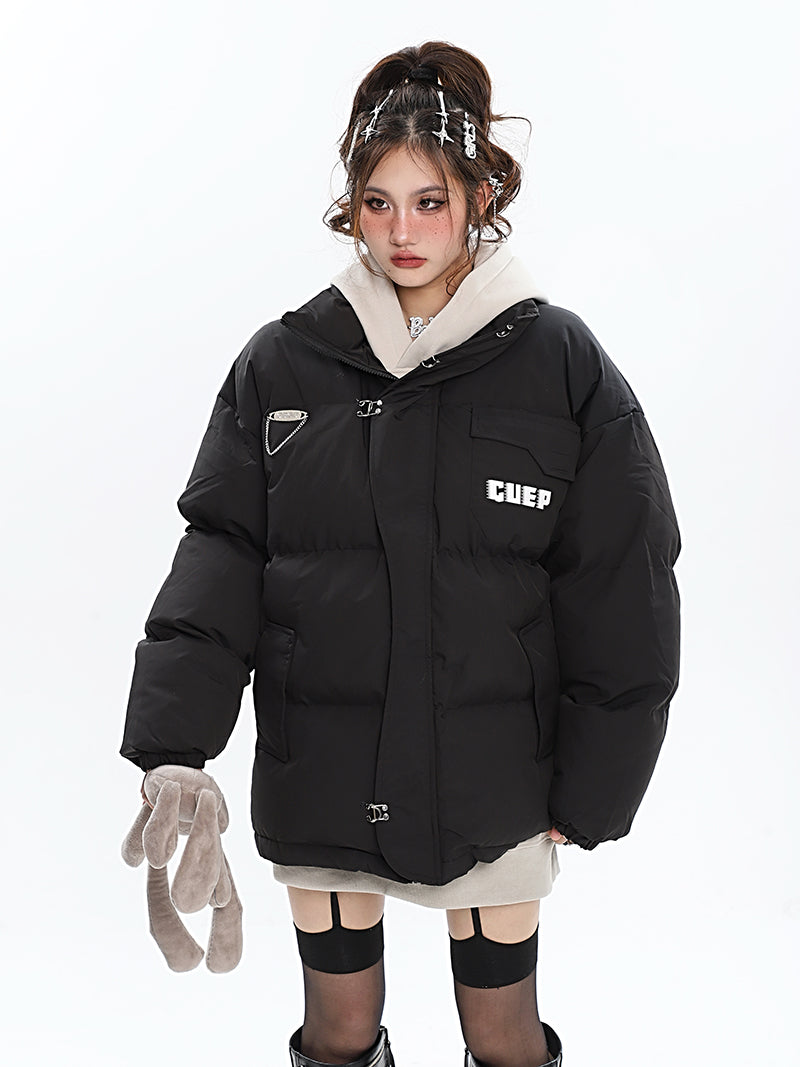 GUEP Solid Color Pin Zip Up Long Sleeve Puffer Jacket