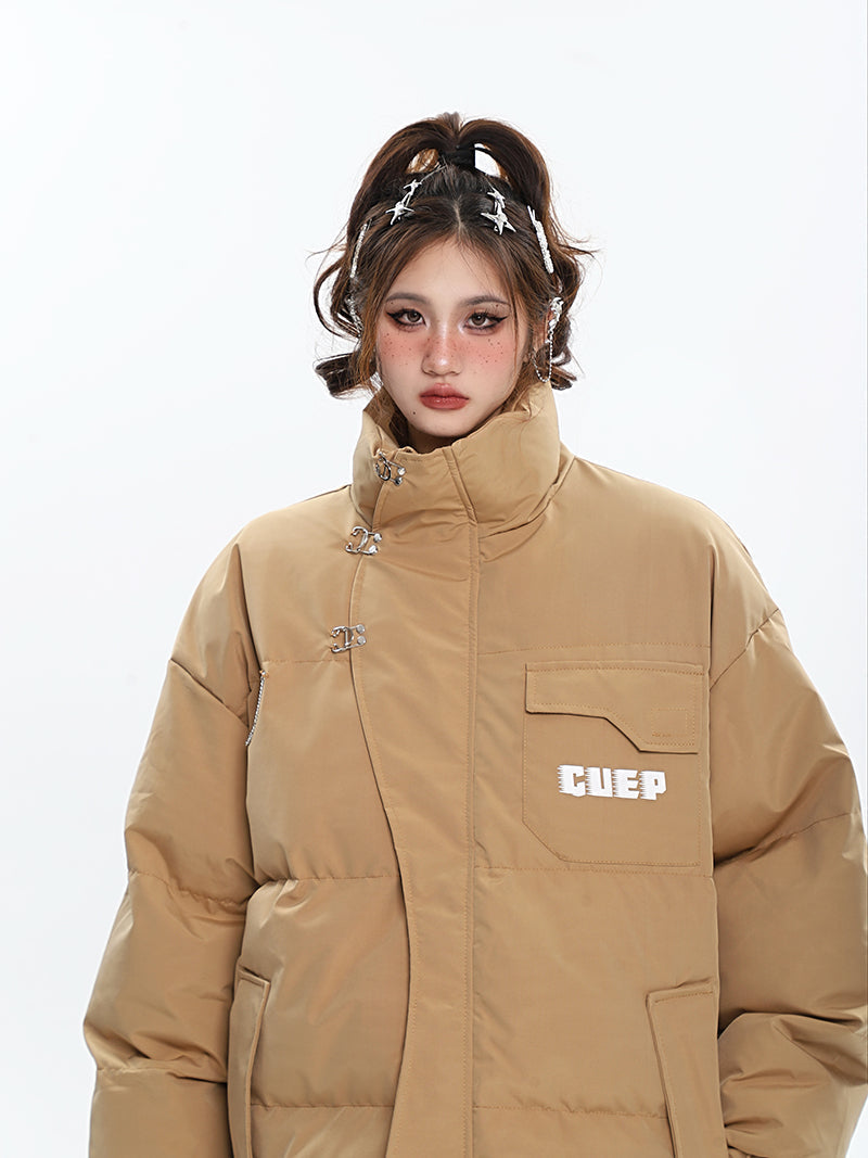 GUEP Solid Color Pin Zip Up Long Sleeve Puffer Jacket