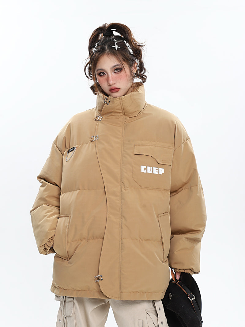 GUEP Solid Color Pin Zip Up Long Sleeve Puffer Jacket