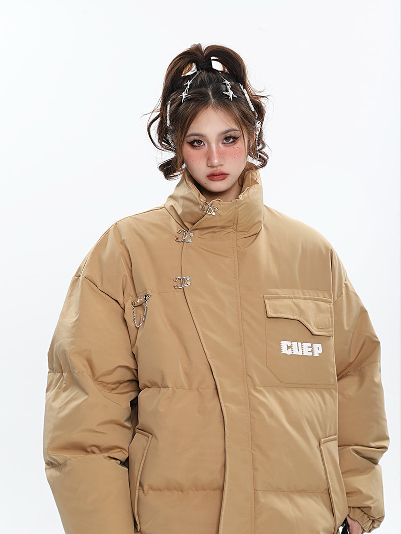 GUEP Solid Color Pin Zip Up Long Sleeve Puffer Jacket