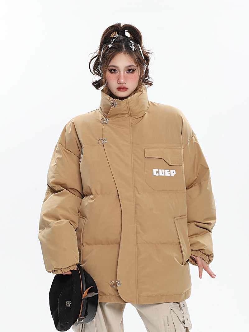 GUEP Solid Color Pin Zip Up Long Sleeve Puffer Jacket