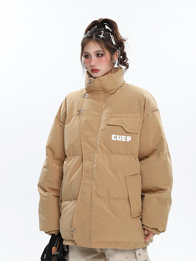 GUEP Solid Color Pin Zip Up Long Sleeve Puffer Jacket