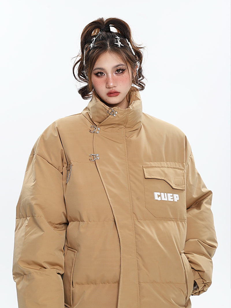 GUEP Solid Color Pin Zip Up Long Sleeve Puffer Jacket