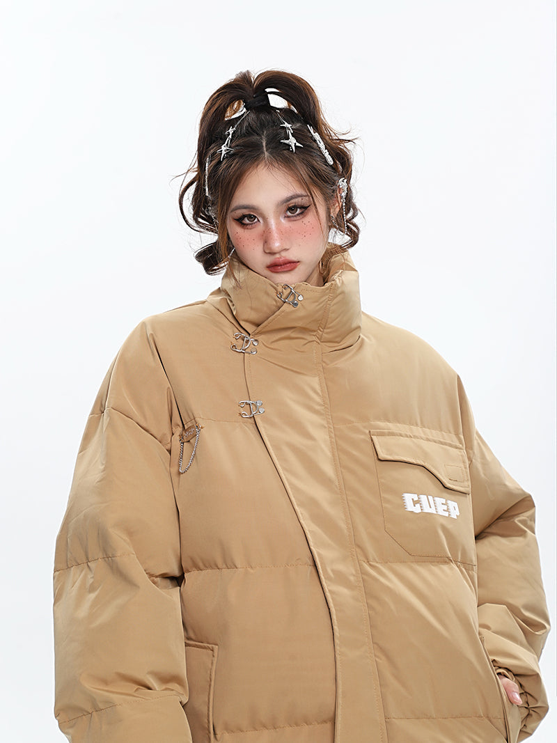 GUEP Solid Color Pin Zip Up Long Sleeve Puffer Jacket