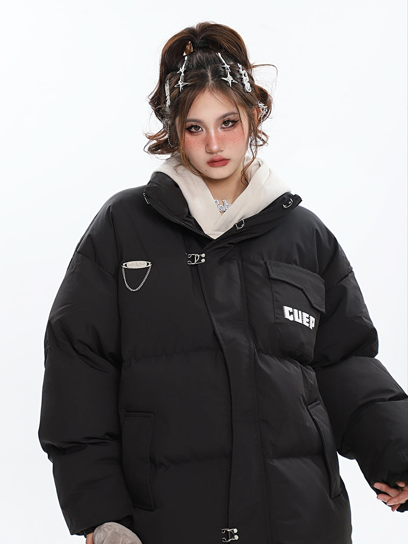 GUEP Solid Color Pin Zip Up Long Sleeve Puffer Jacket