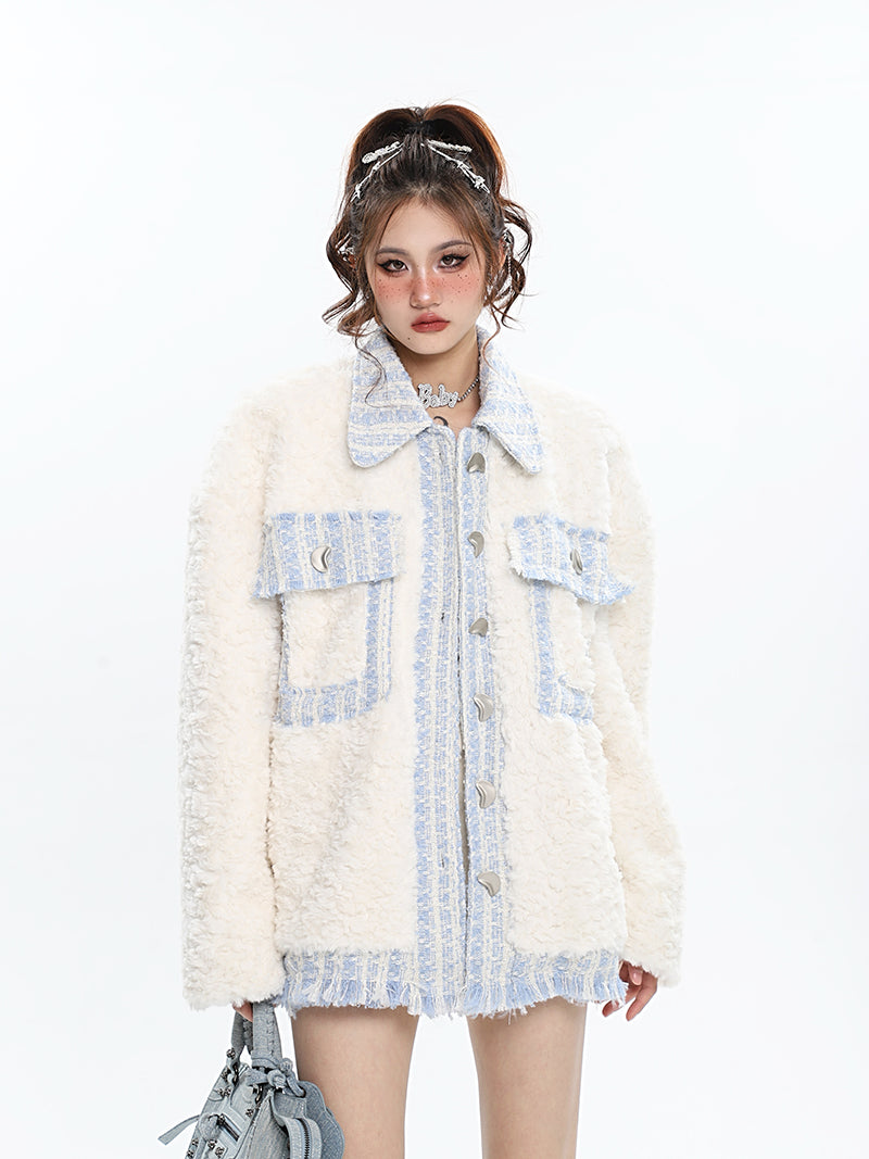 Miss Coco Patchwork Fleece Luna Moon Button Up Long Sleeve Jacket