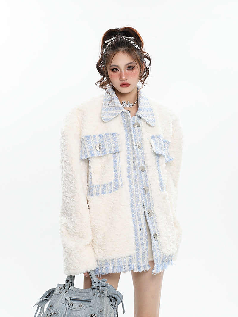 Miss Coco Patchwork Fleece Luna Moon Button Up Long Sleeve Jacket