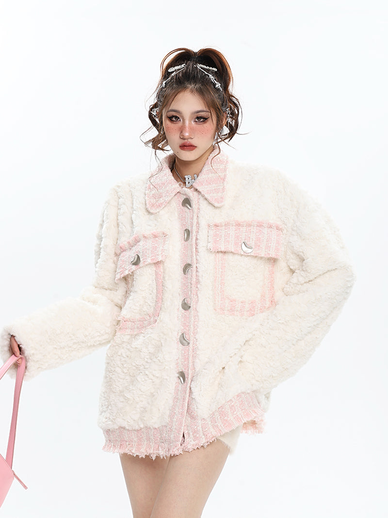 Miss Coco Patchwork Fleece Luna Moon Button Up Long Sleeve Jacket