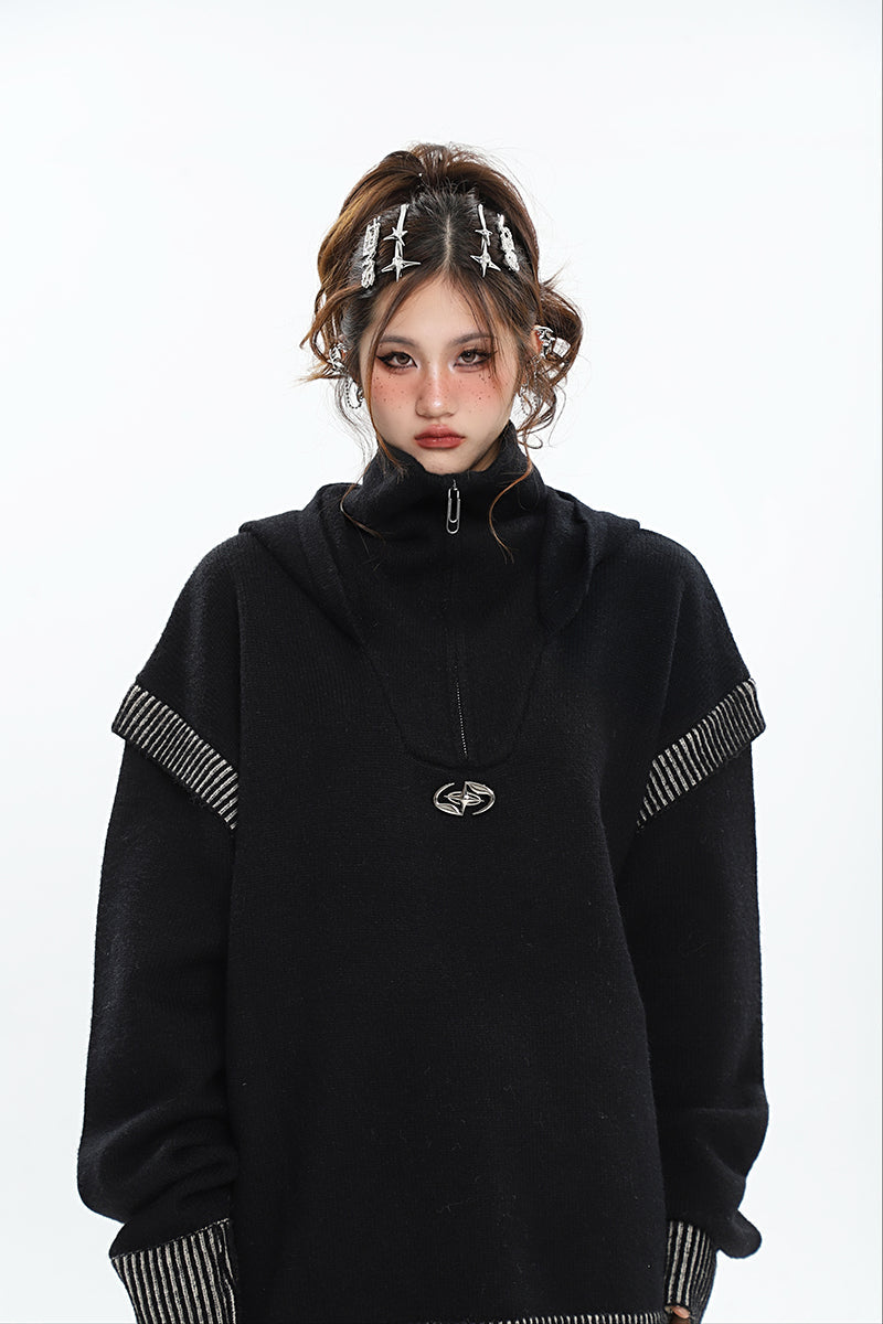 Twinkle Star Solid Color Turtleneck Zip Up Long Sleeve Baggy Sweater