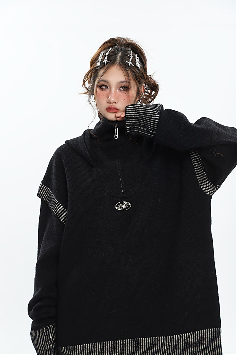 Twinkle Star Solid Color Turtleneck Zip Up Long Sleeve Baggy Sweater