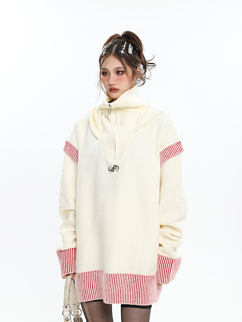 Twinkle Star Solid Color Turtleneck Zip Up Long Sleeve Baggy Sweater