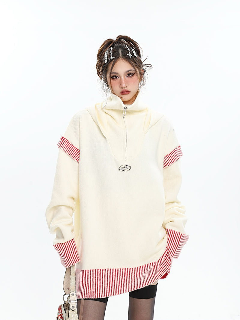 Twinkle Star Solid Color Turtleneck Zip Up Long Sleeve Baggy Sweater