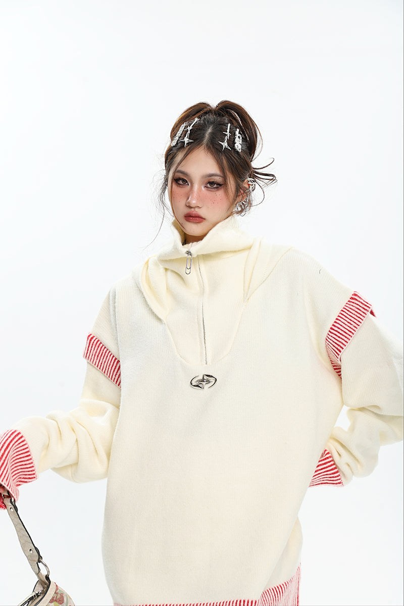 Twinkle Star Solid Color Turtleneck Zip Up Long Sleeve Baggy Sweater