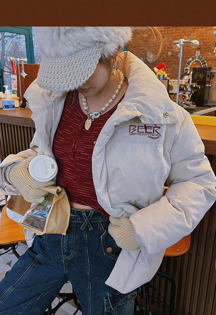 BEER Solid Color White Long Sleeve Zip Up Turtleneck Jacket