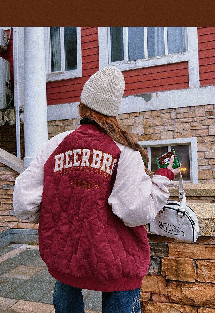 B Beerbro Letter Embroidery Patchwork Zip Up Jacket