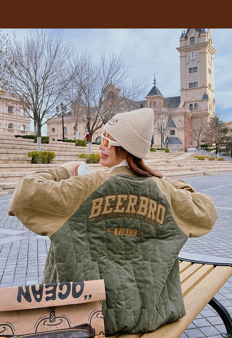 B Beerbro Letter Embroidery Patchwork Zip Up Jacket