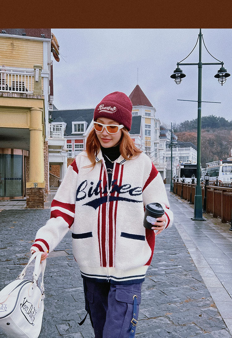 Lil beer Letter Print Stripe Zip Up Long Sleeve Sweater