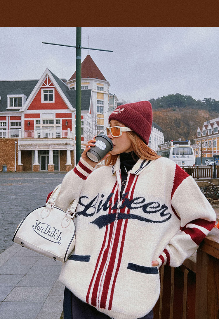 Lil beer Letter Print Stripe Zip Up Long Sleeve Sweater