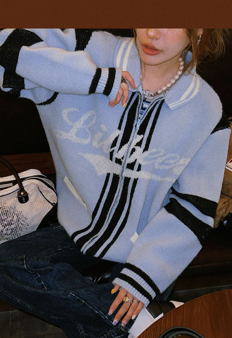 Lil beer Letter Print Stripe Zip Up Long Sleeve Sweater