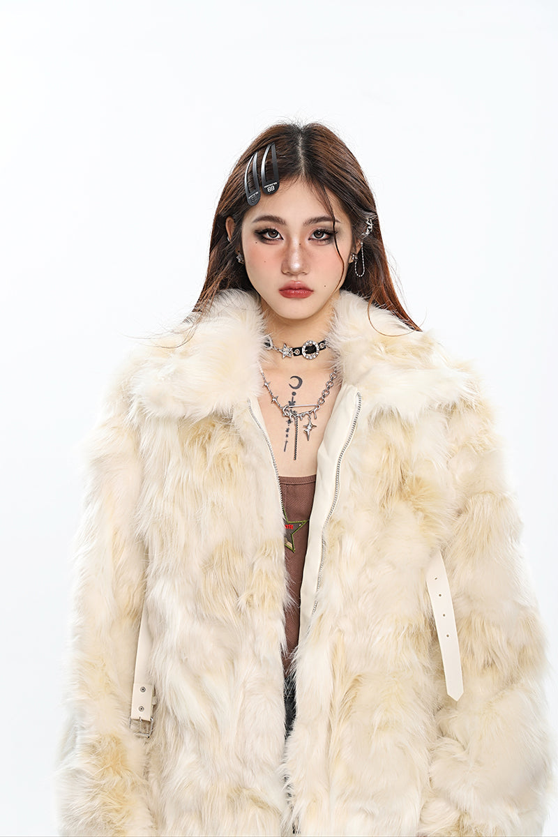 Loreila Faux Fur Zip Up Leather Belt Strap Long Sleeve Jacket