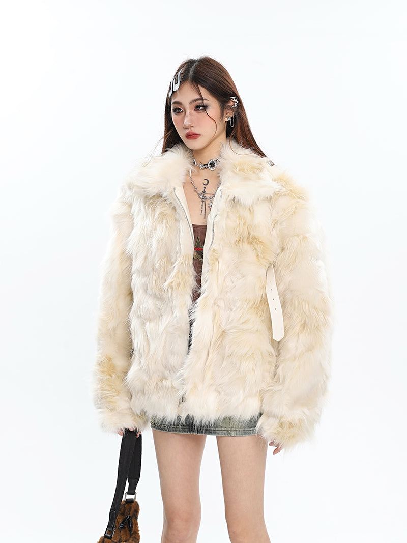 Loreila Faux Fur Zip Up Leather Belt Strap Long Sleeve Jacket