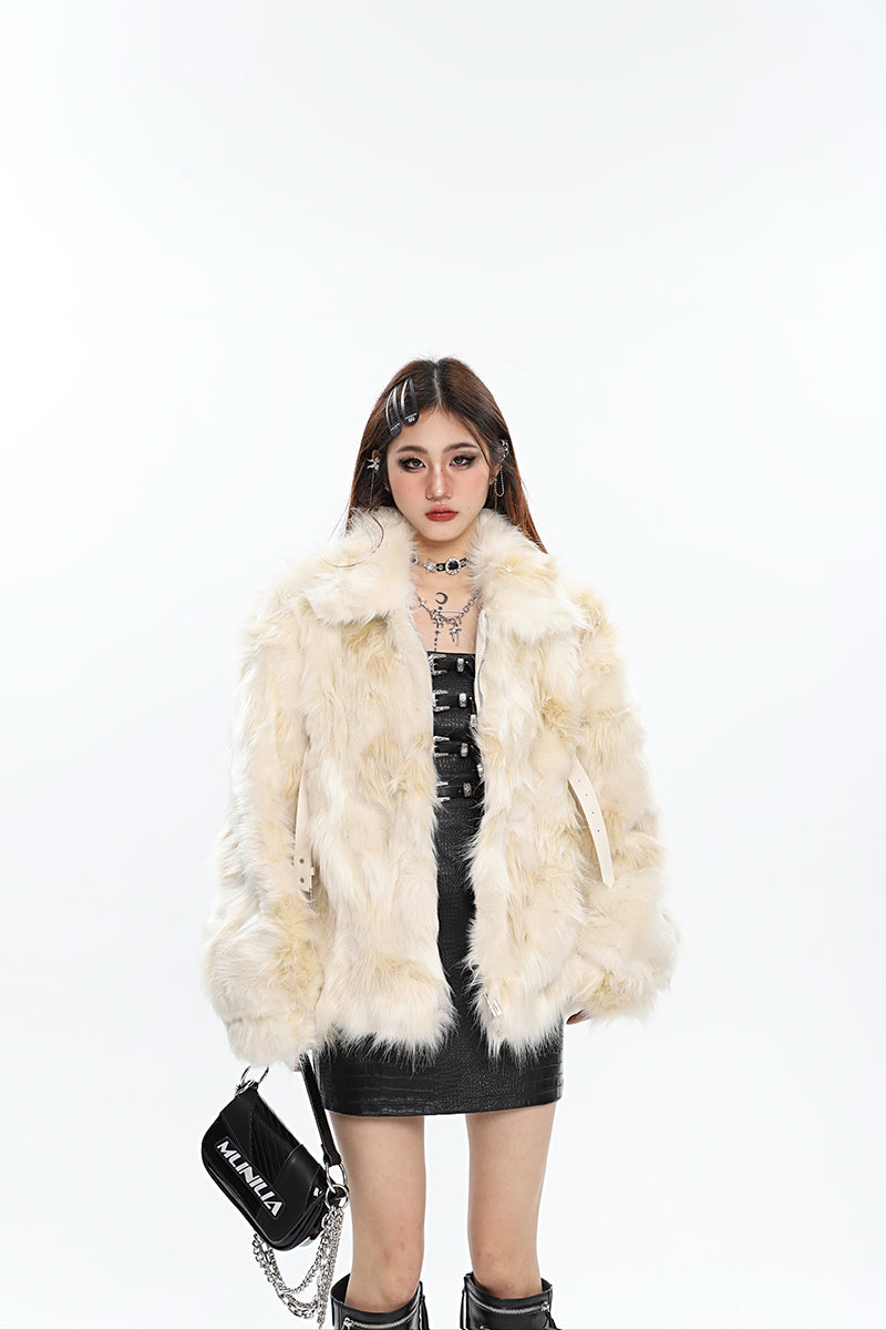 Loreila Faux Fur Zip Up Leather Belt Strap Long Sleeve Jacket