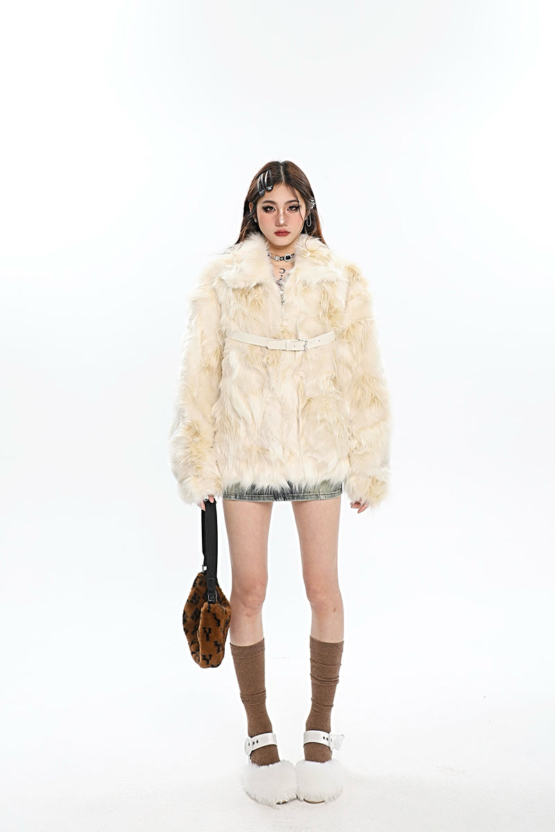 Loreila Faux Fur Zip Up Leather Belt Strap Long Sleeve Jacket