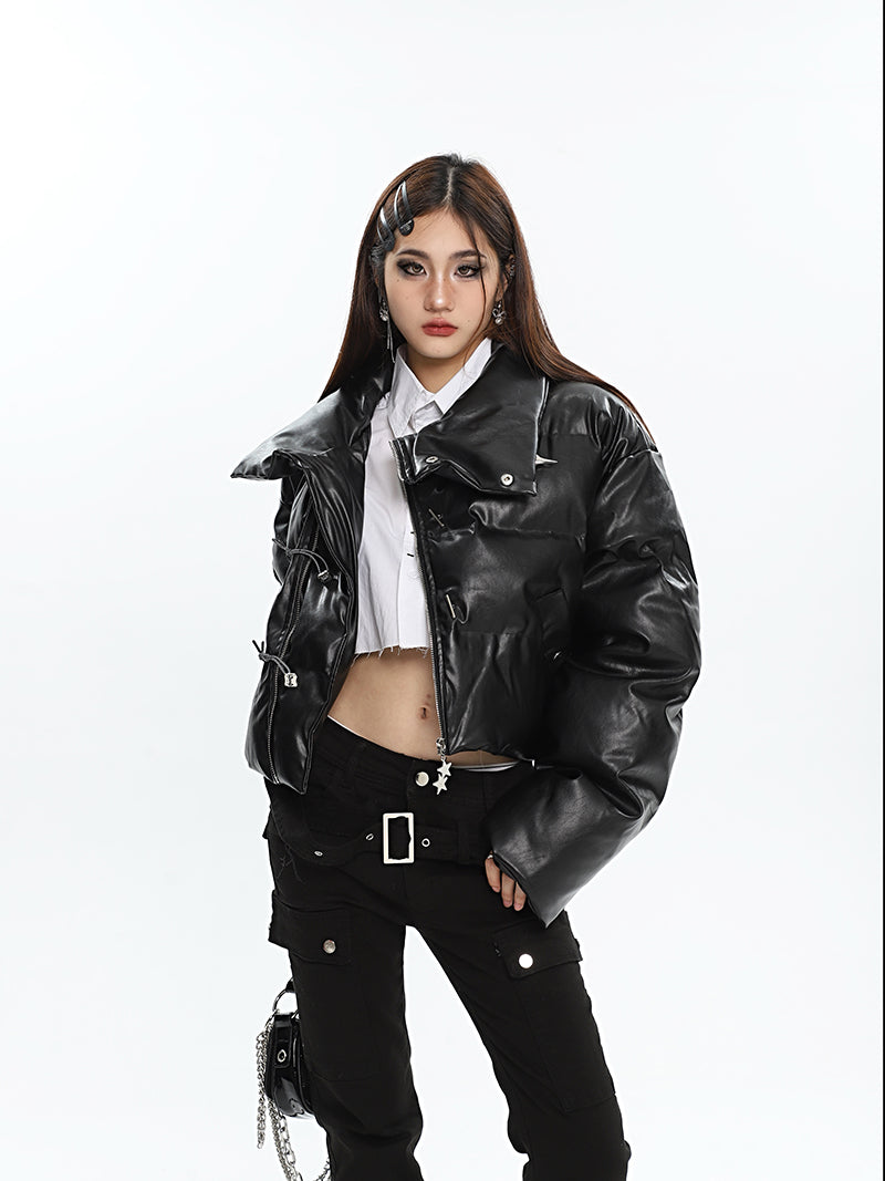 Twinkle Star Silver Solid Color Black Side Zip Up Long Sleeve Puffer Cropped Jacket