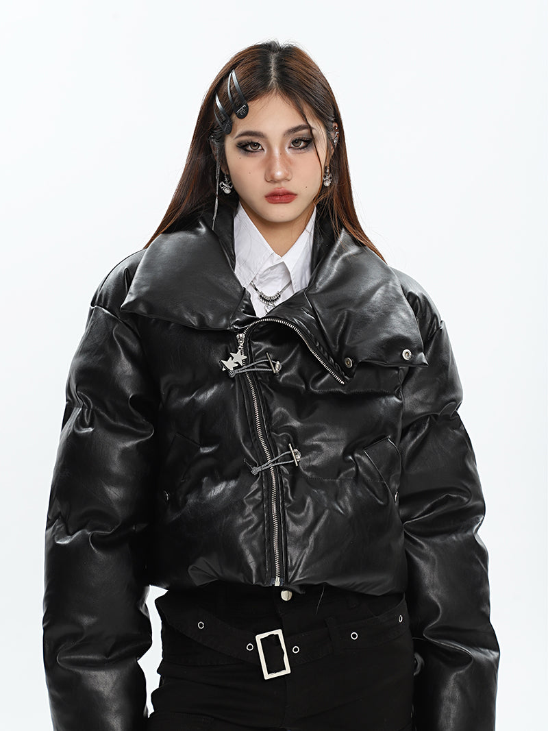 Twinkle Star Silver Solid Color Black Side Zip Up Long Sleeve Puffer Cropped Jacket