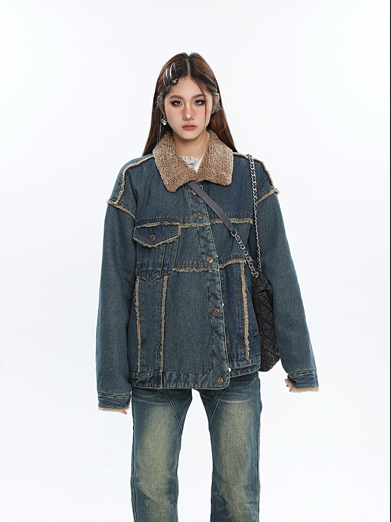 Julissa Blue Denim Patchwork Fleece Button Up Long Sleeve Jacket